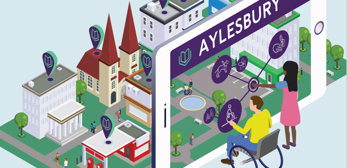 graphic showing people using phone to look at accessibility guides for Aylesbury